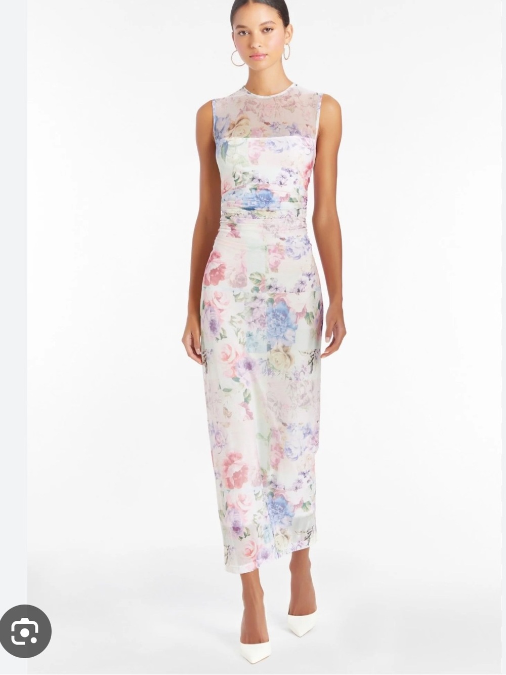 Amanda Uprichard White Floral Midi Dress with Pastel Pink Blue Green